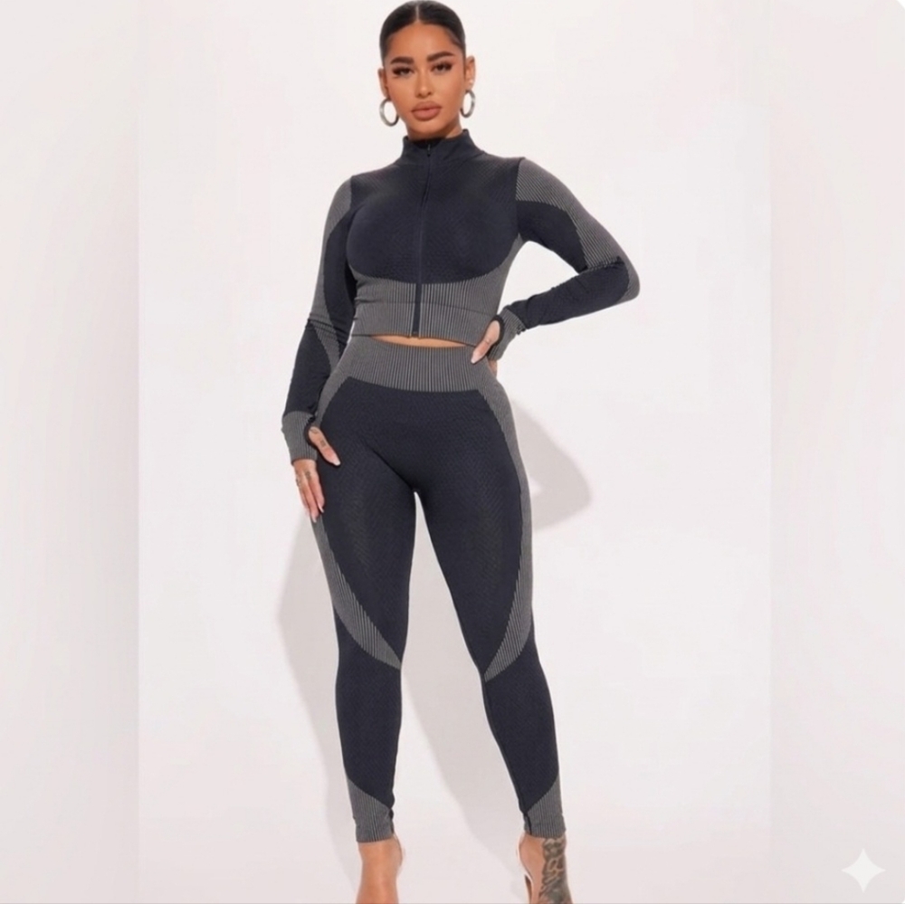 Stylish Navy Blue and White Two Piece Jacket & Leggings Set
